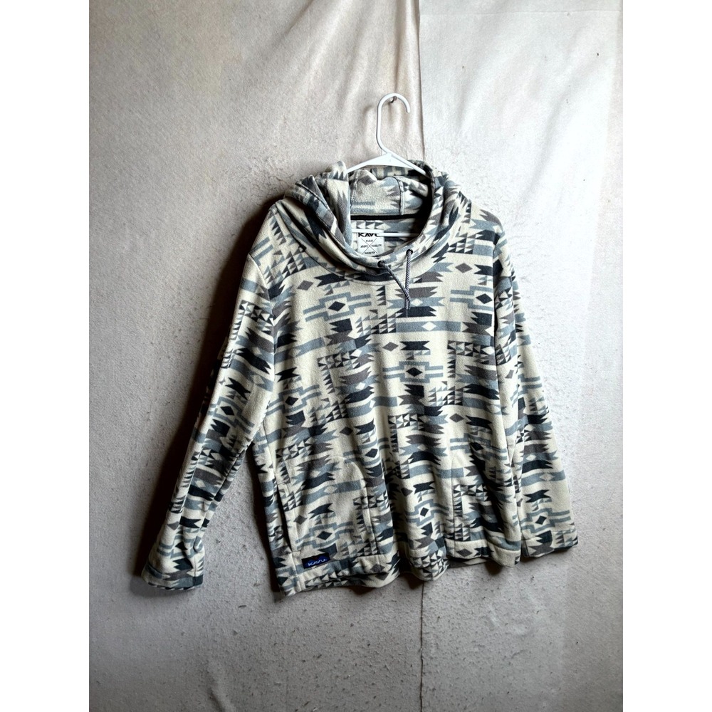 Kavu Fleece Hoodie Womens Large Gray Beige Southwestern Aztec Pullover Winter